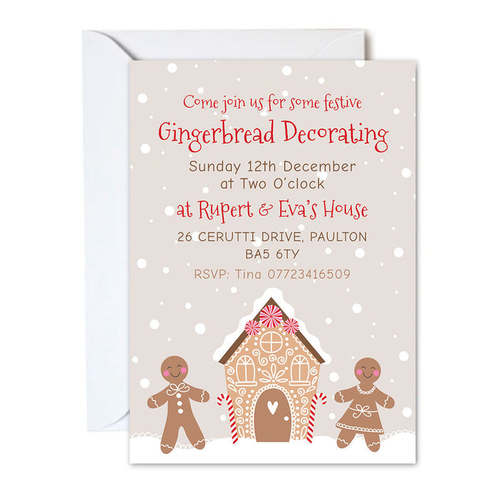 Invitation card for gingerbread decorating event with gingerbread house and cookies on a beige background.