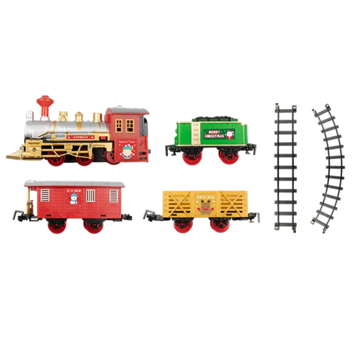 Set of toy train cars with a red engine, green boxcar, yellow cargo car, and tracks on a white background.