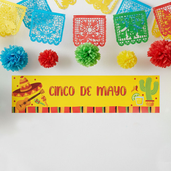 Decorative banner with 'Cinco de Mayo' text and festive elements on a white background.