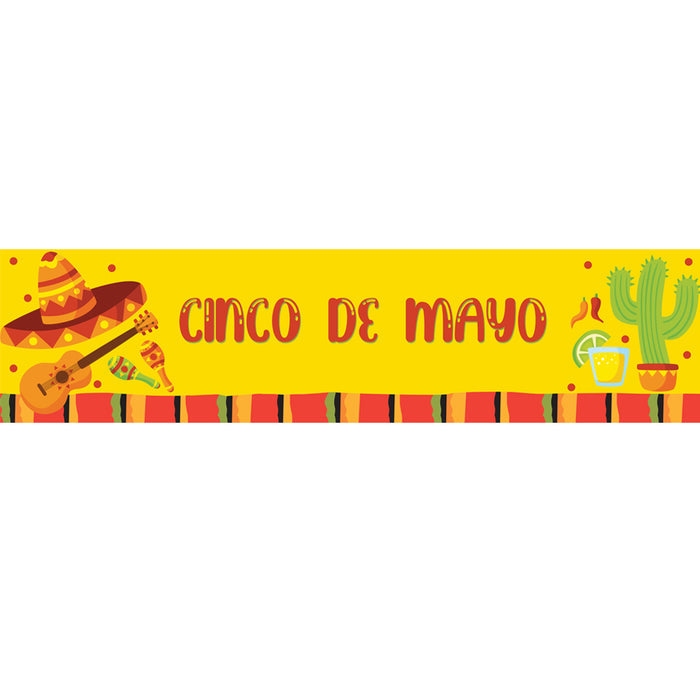 A colorful Cinco de Mayo banner featuring a yellow background with red and black text, depicting a cactus, a sombrero, and the text 'CINCO DE MAYO' prominently displayed.