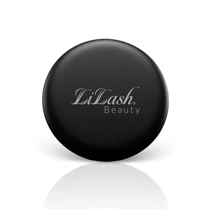 LiLash Beauty logo on sleek black circular lid, minimalist design for lash and brow serums