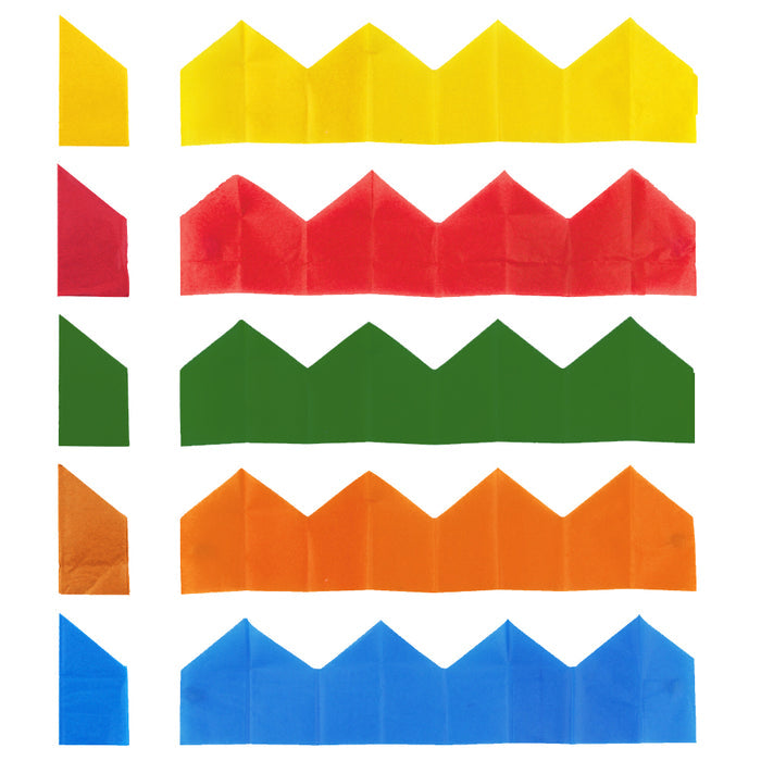 Set of colorful zigzag-patterned paper hats in yellow, red, green, orange, and blue on a white background.