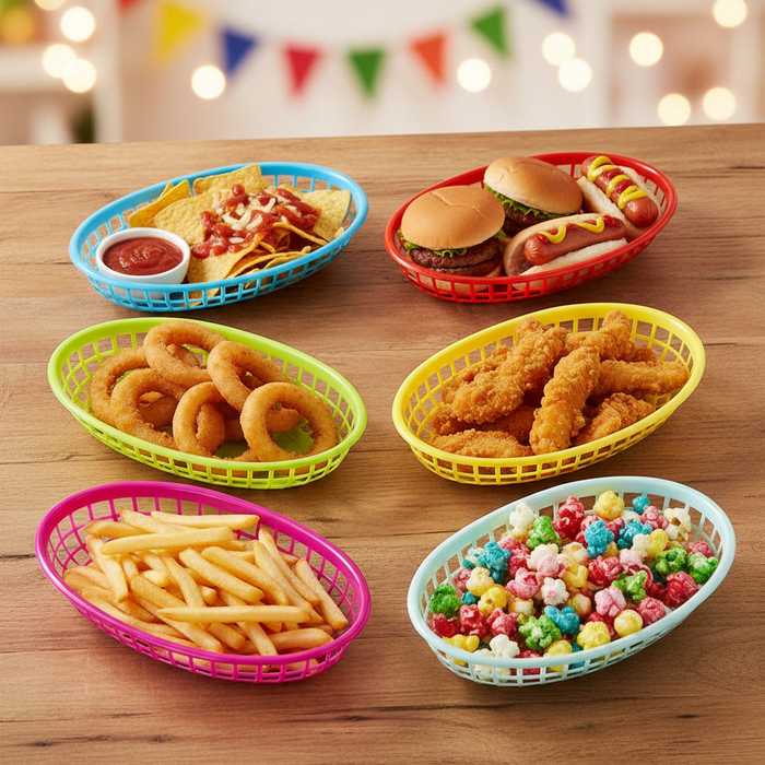 Colourful Food Baskets With Party Snacks
