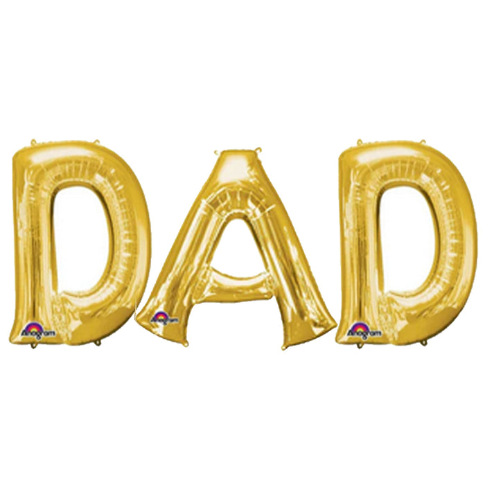 Gold 'DAD' balloons on a white background