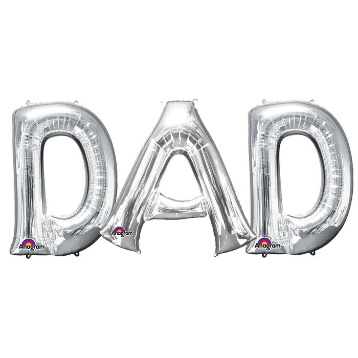 Uninflated silver foil balloons spelling out 'DAD', intended for Father's Day celebrations.
