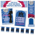 A collection of paper decorations for a hen do party with music and movie themed graphics, including text banners and bunting.