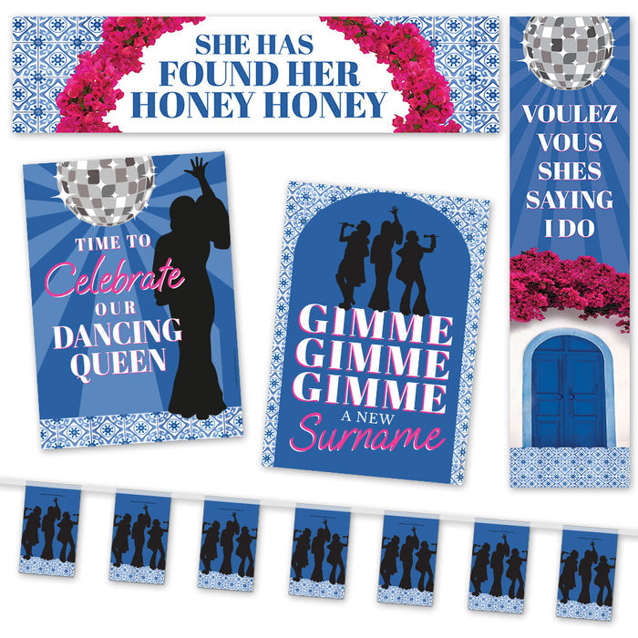 A collection of paper decorations for a hen do party with music and movie themed graphics, including text banners and bunting.