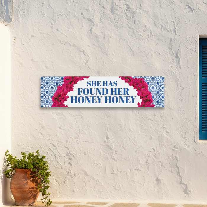 Honey Honey Banner on Rustic Greek White Wall