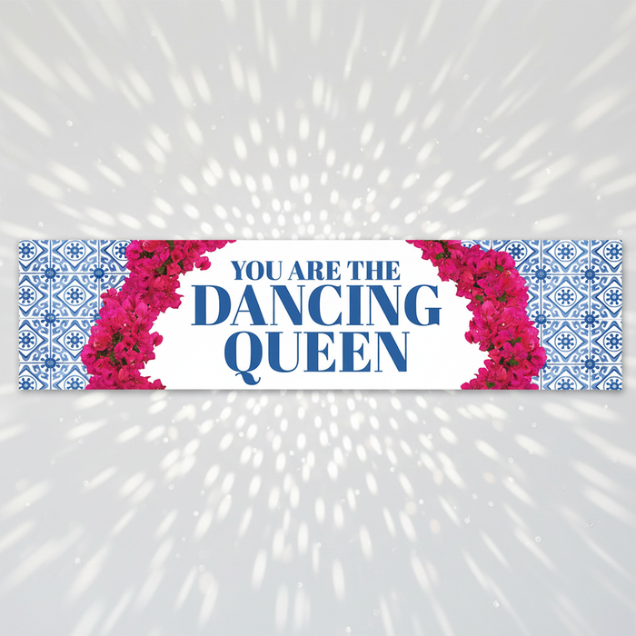 Dancing Queen Banner on White Wall with Disco Ball Vibe