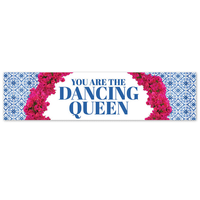 A landscape banner with a blue and pink design featuring text 'YOU ARE THE DANCING QUEEN' surrounded by floral patterns.
