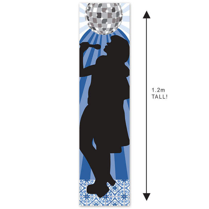 A portrait banner featuring a silhouette of a person dancing with a disco ball motif, predominantly in blue tones, 1.2 meters tall.