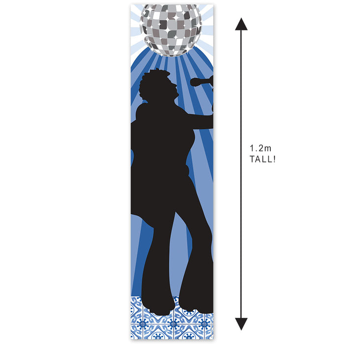 A vertical portrait banner featuring a silhouette of a female singer with a microphone, designed with a blue background and a disco ball motif at the top.