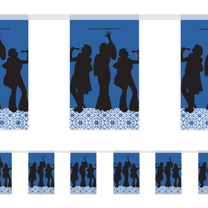 A series of blue bunting decorations with silhouettes of people dancing in a disco style pose.