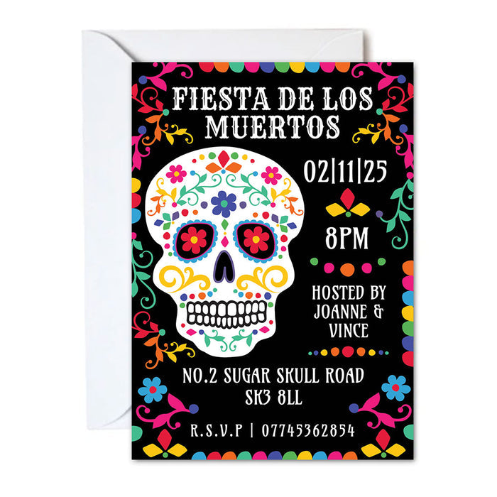 Fiesta de los Muertos invitation with colorful skull design on a black background