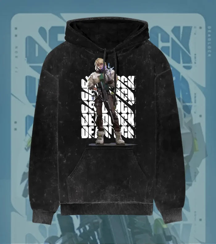Deadlock – Iron Grip Valorant Acid Wash Hoodie | Premium Gamer Streetwear - Black / XS - Valorant