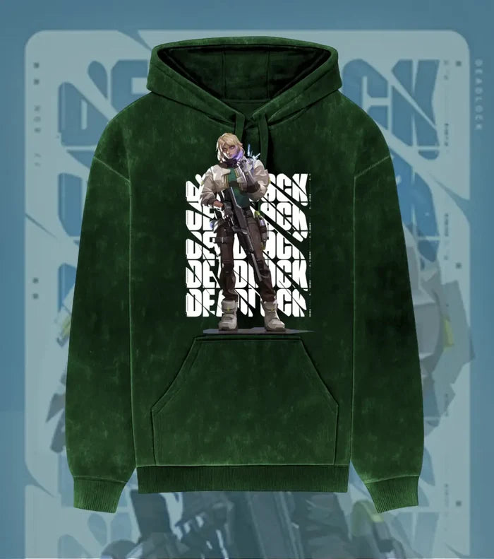 Deadlock – Iron Grip Valorant Acid Wash Hoodie | Premium Gamer Streetwear - Bottle Green / XS - Valorant