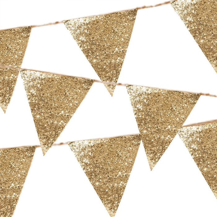 A string of triangular gold glitter fabric bunting decorations.
