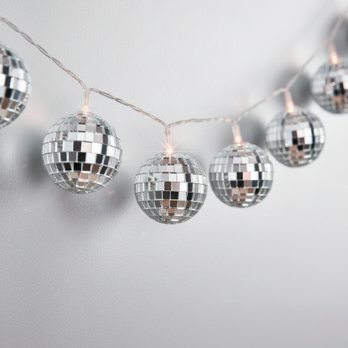 Silver Disco Ball Lights Extreme Close Up Plain Silver Background