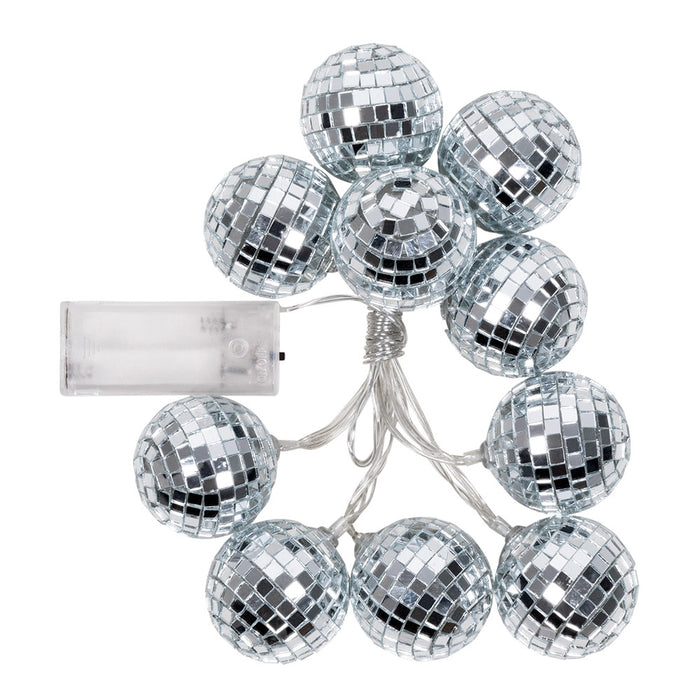 A set of LED disco ball lights with multiple silver balls connected by a string, with a control box for the lights visible.