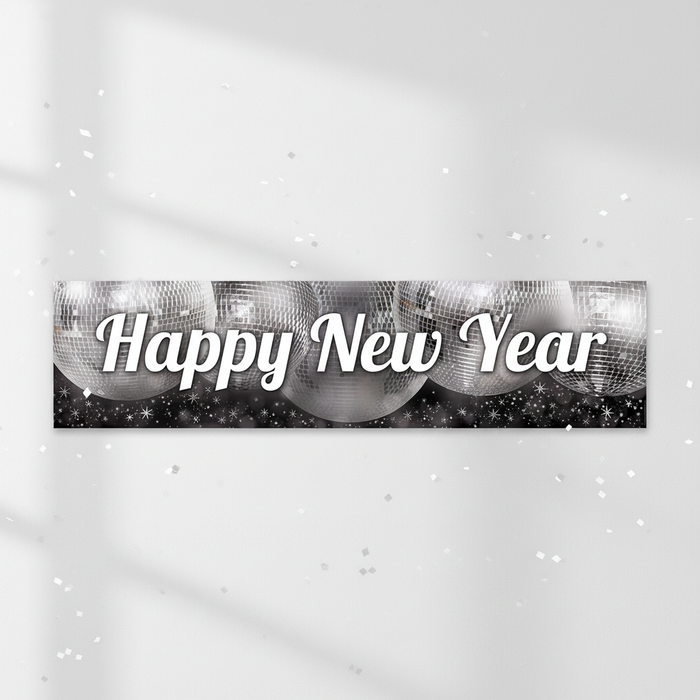 Happy New Year banner with disco-ball lighting