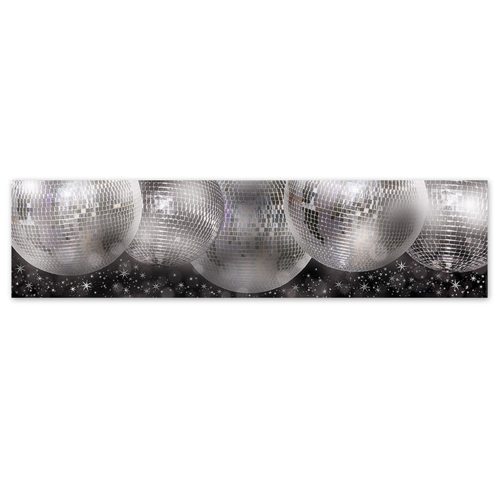 A landscape banner featuring a repeated pattern of silver disco balls against a black background, designed for use as party decorations.