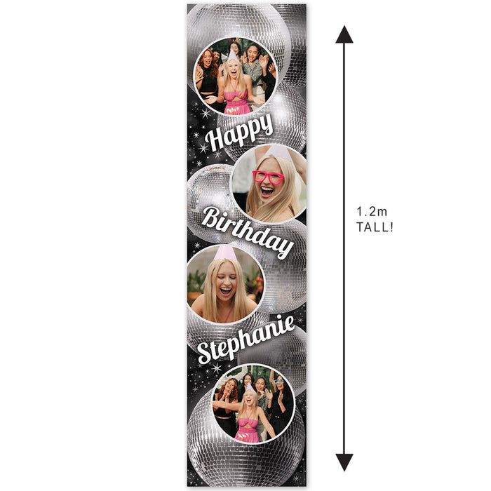 Personalized birthday banner with photos and text, featuring a disco ball design.