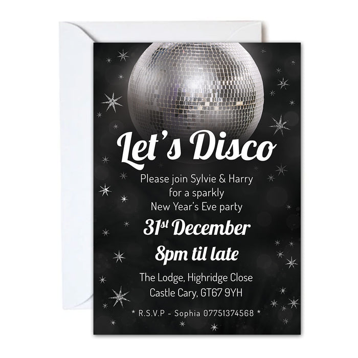 Invitation card with disco ball design on a black background