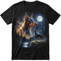 Black Bella Canvas 3001 unisex tee with full-color Doberman moonlit wilderness DTG graphic — Kingdom Collars