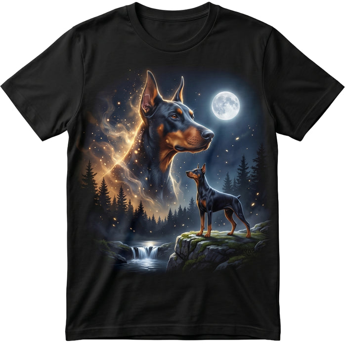 Black Bella Canvas 3001 unisex tee with full-color Doberman moonlit wilderness DTG graphic — Kingdom Collars