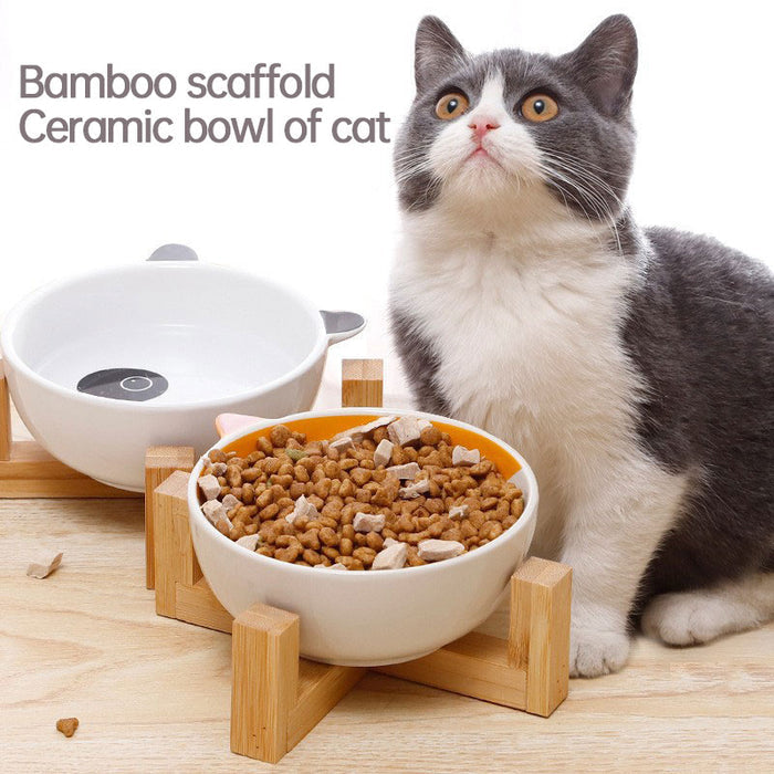 Double Ear Ceramic Cat Bowls with Bamboo Frame