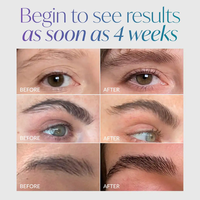 Before and after lash and brow growth results in 4 weeks, showing fuller lashes and defined brows
