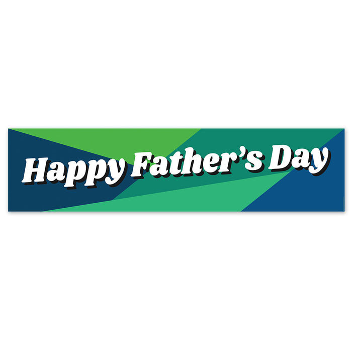 A rectangular banner with a geometric pattern in shades of blue and green, and the text 'Happy Father's Day' displayed prominently in white.