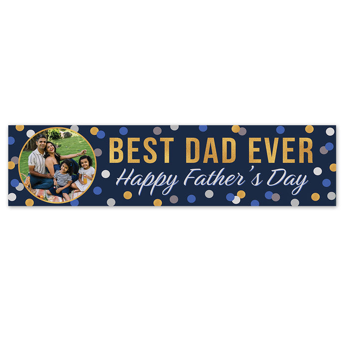 A personalised banner with a navy background featuring gold dots, custom text that reads 'BEST DAD EVER Happy Father's Day', and a photo upload section.