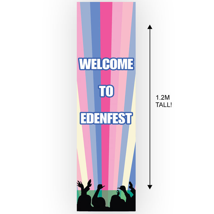 Colorful vertical banner with 'Welcome to Edenfest' text and silhouettes of people at the bottom.