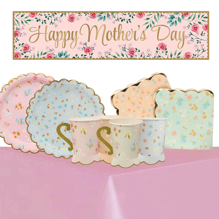 Floral Gold Gilded Mother's Day Tableware Pack for 8 people with FREE Banner