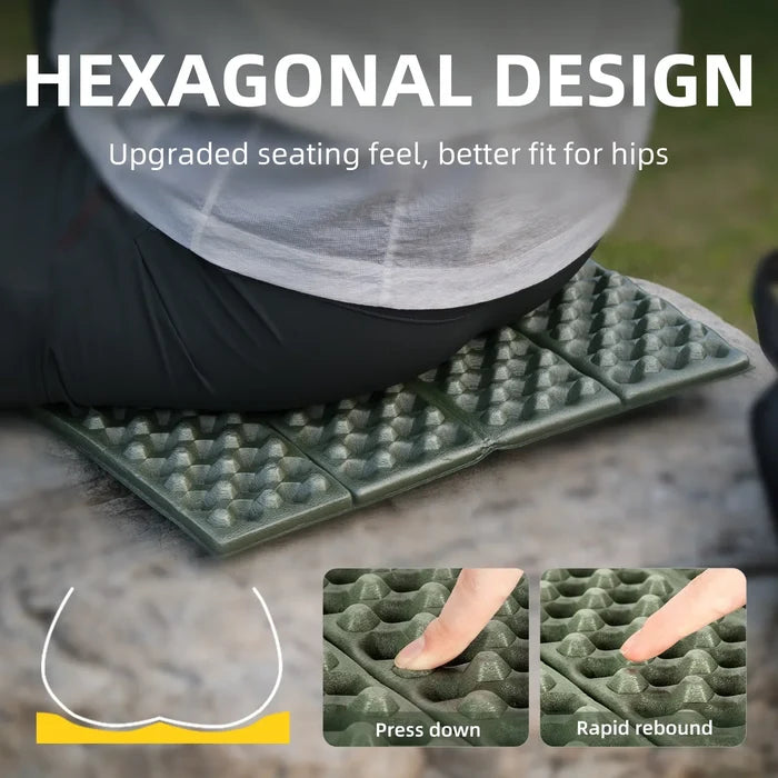 Hexagonal design seating pad with text highlighting its features, shown on a surface.#color_green