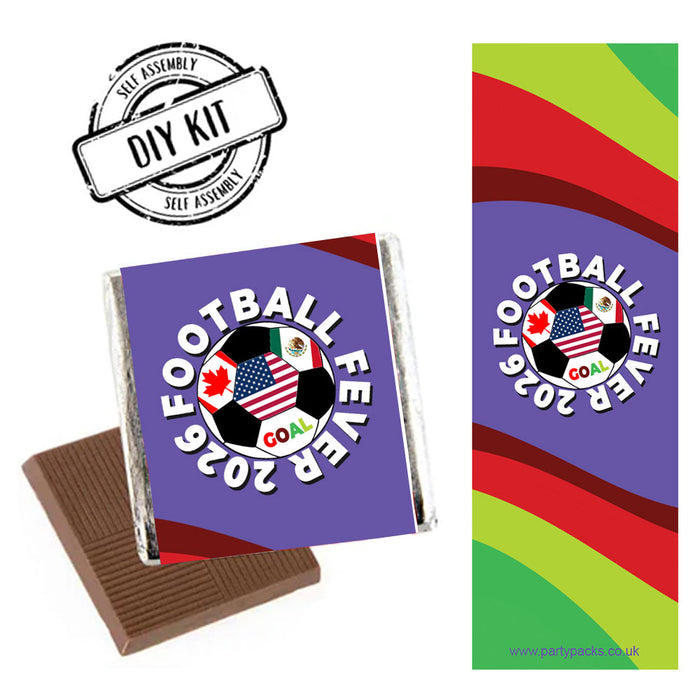Chocolate bar with 'Football Fever 2026' design and packaging on a white background