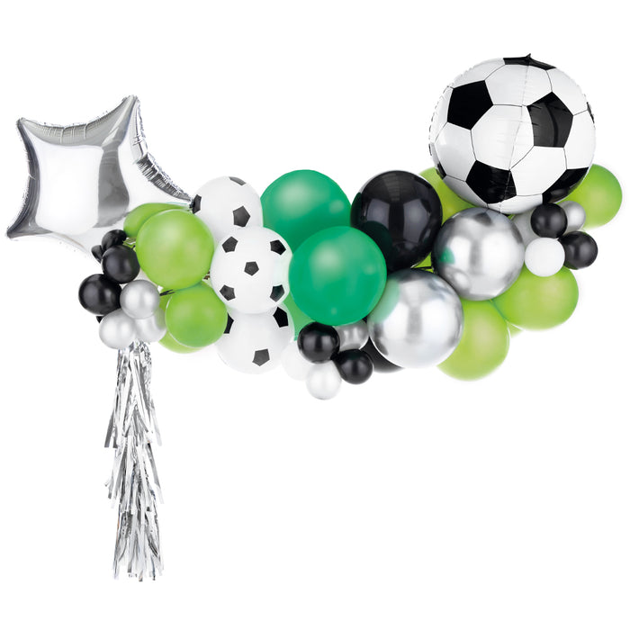 Balloon arrangement with soccer ball, star, and green, black, and silver balloons on a white background