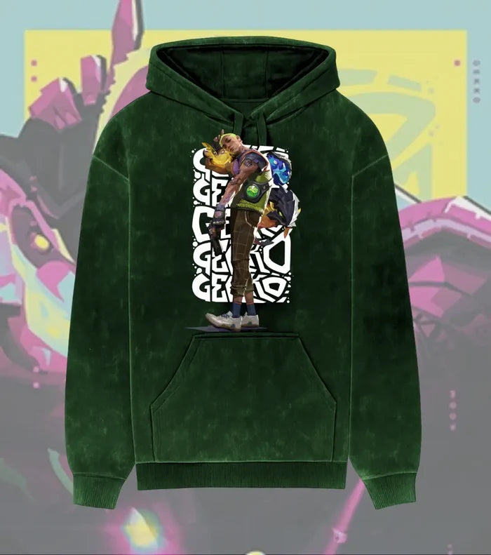 Gekko – Creature Crew Valorant Acid Wash Hoodie | Premium Gamer Streetwear - Bottle Green / XS - Valorant