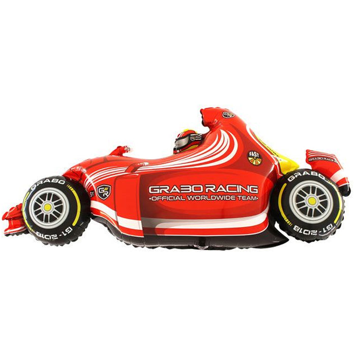 A large, red, race car-shaped foil balloon with white and black detailing and the text 'GR3D RACING' on the side.