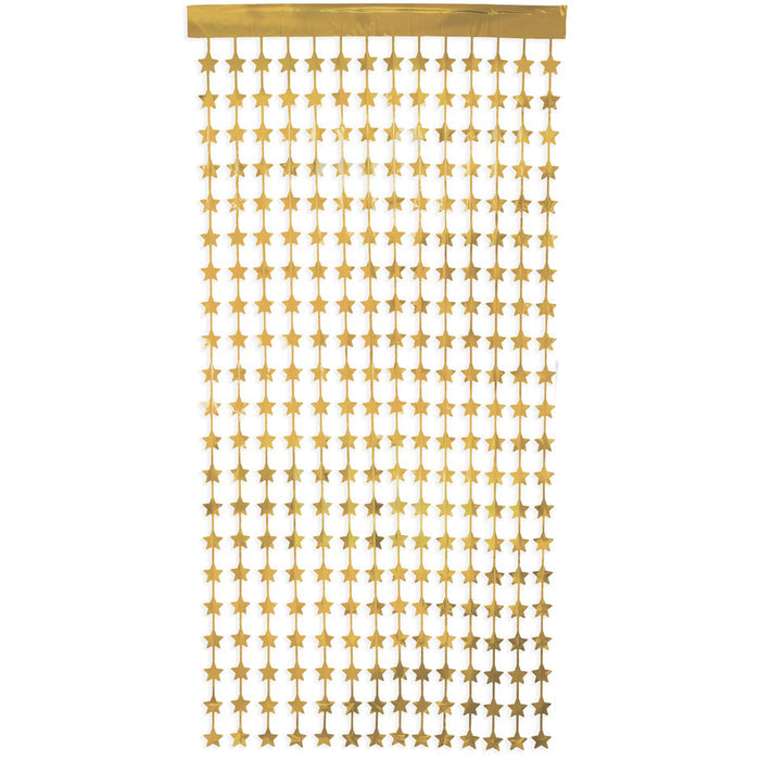 A gold fringe curtain backdrop decorated with star shapes, intended for use as a decorative element at parties or events.