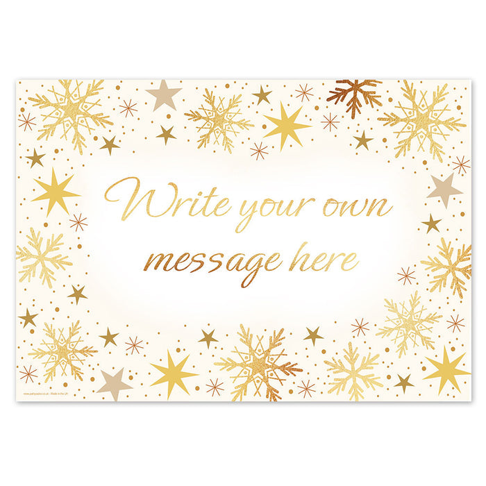 Decorative card with gold snowflakes and stars on a white background, prompting 'Write your own message here'.