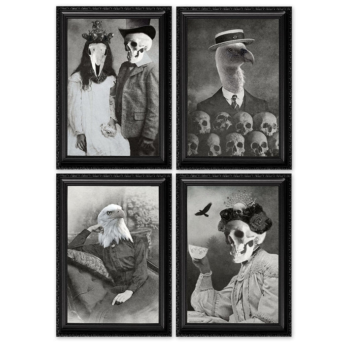 Set of four framed black and white artworks featuring human-like figures with animal heads.