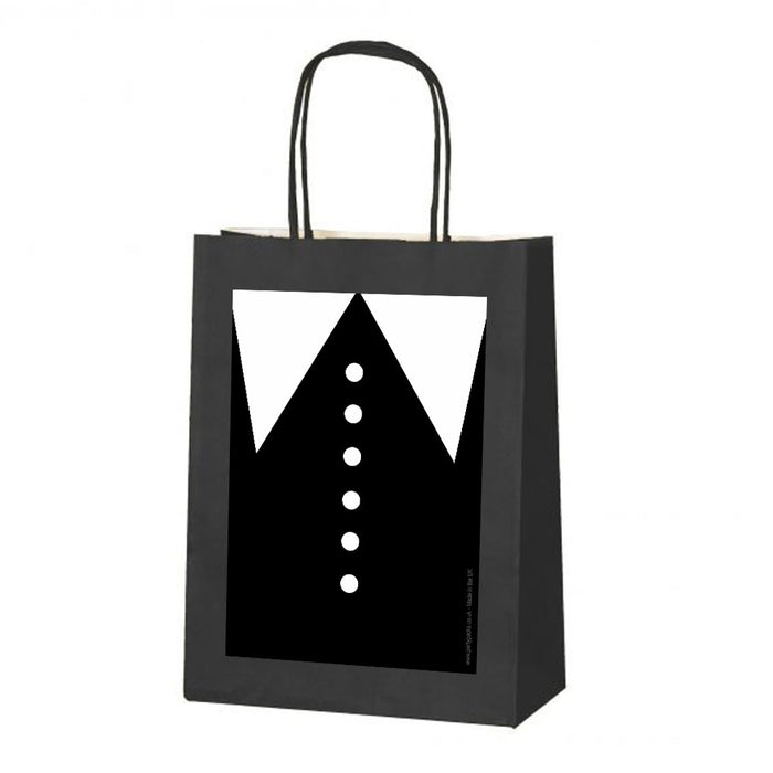 Black paper bag with a white triangle and buttons design on a white background