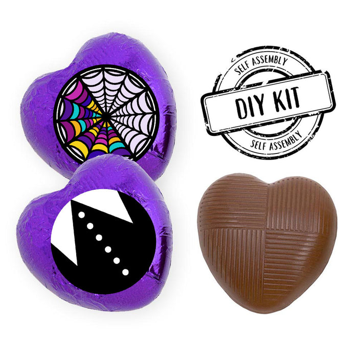 Three heart-shaped objects with different designs on a white background, accompanied by a 'DIY Kit' label.
