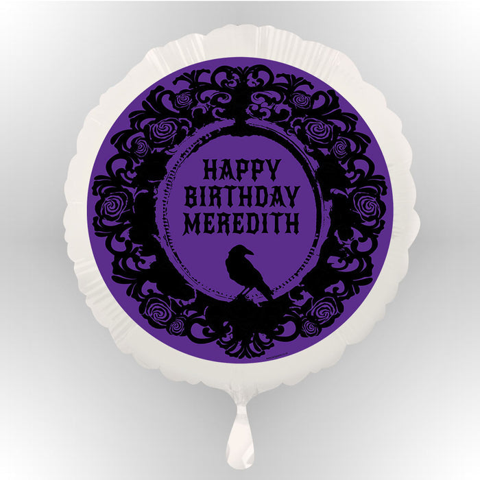 Round balloon with purple design and 'Happy Birthday Meredith' text on a white background