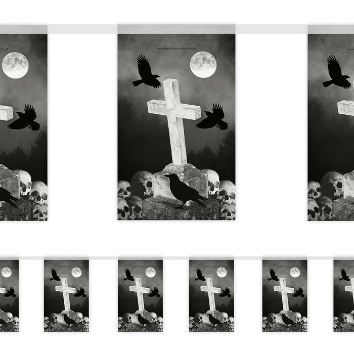 Black and white design with crosses, skulls, and crows against a moonlit sky.