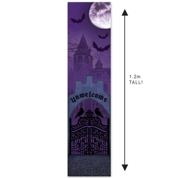 Halloween-themed decorative banner with a castle, bats, and 'Unwelcome' text on a purple background.
