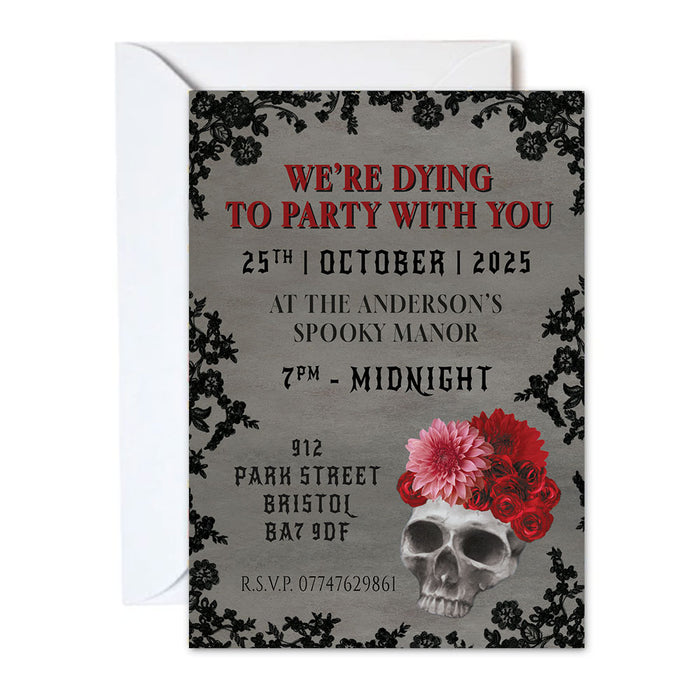 Halloween-themed party invitation with skull and flowers design