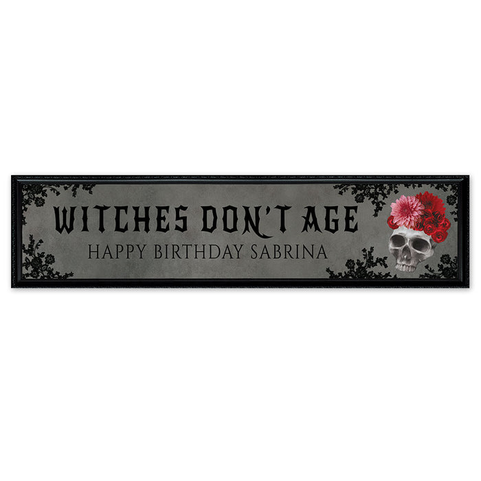 Greeting card with skull and floral design, text 'Witches Don't Age Happy Birthday Sabrina' on a white background